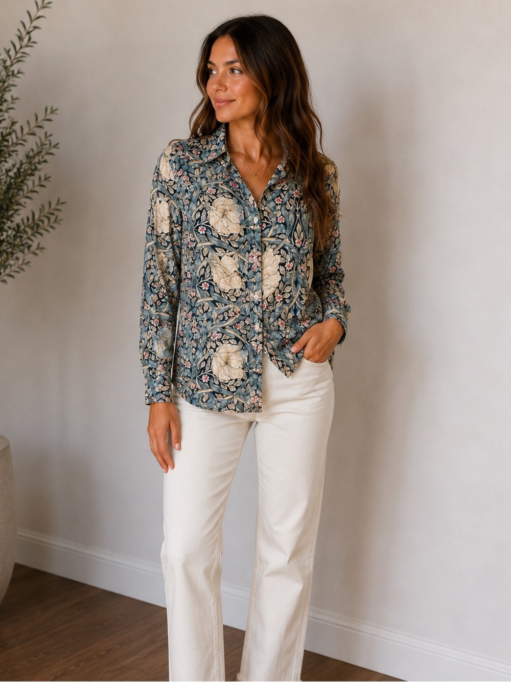H&M Floral Button-Front Blouse in Blue, White, Pink